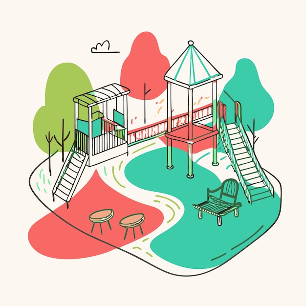 Vector a playful park scene with a playground and seating area