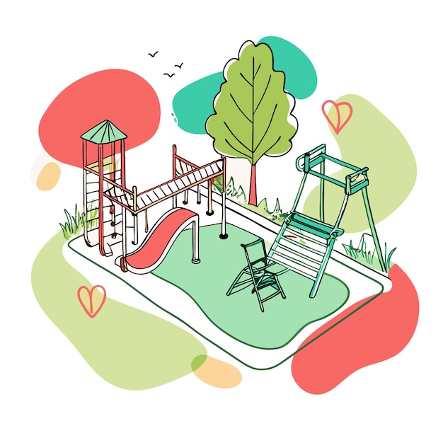 Vector playful playground with slides swings and greenery