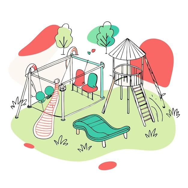 Vector playful playground with swings slide and climbing structure