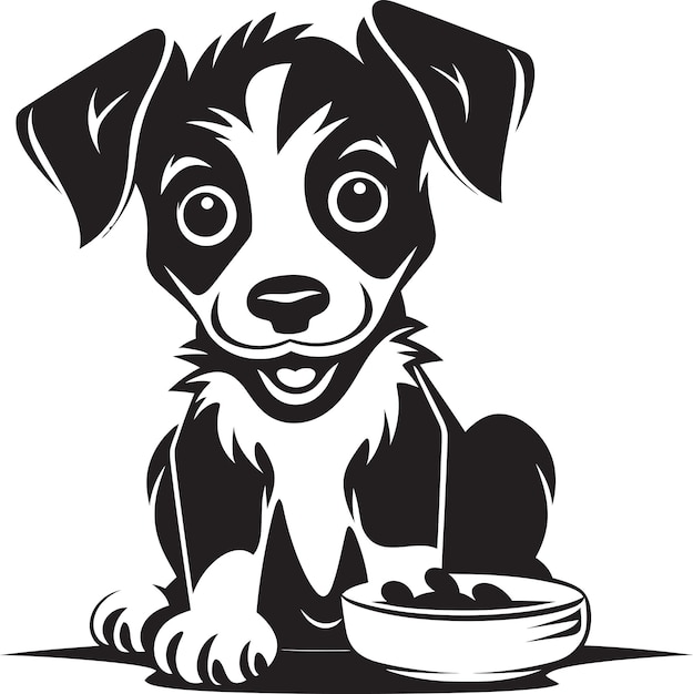 Vector playful puppy eating a heaping bowl of nutritious puppy treats with joyful enthusiasm