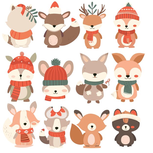 Vector playful scene of wild animals bundled up for cold weather