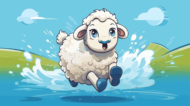 Vector playful sheep running in 2d flat cartoon vector illustration