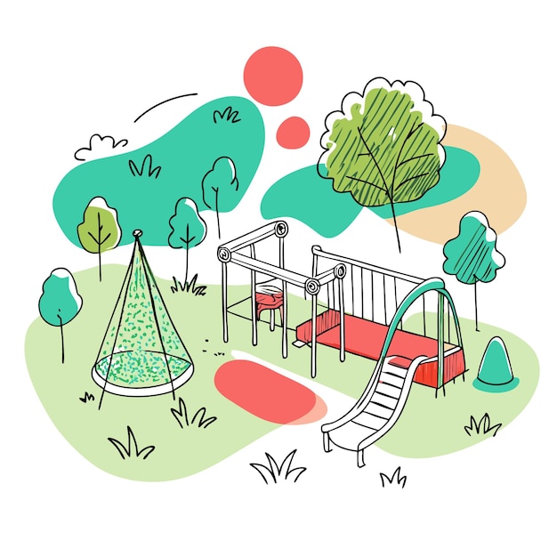 Vector playground illustration with slide climbing structure and trees