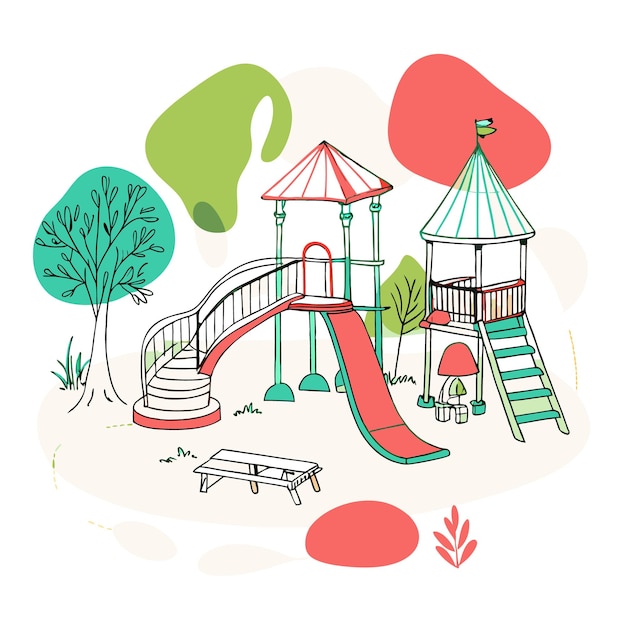 Vector playground illustration with slides swings and play structures