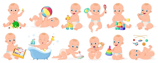 Playing babies. Cute infant baby boy or girl playing with ball, pyramid and boat vector illustration set. Cheerful toddler babies activity. Infant girl and boy cartoon play and active with ball