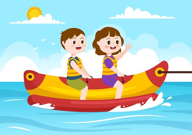 Vector playing banana boat and jet ski holidays on the sea in beach activities hand drawn illustration