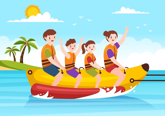 Vector playing banana boat and jet ski holidays on the sea in beach activities hand drawn illustration