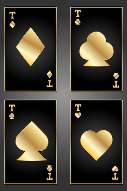 Playing cards are black with a golden gradient Four suits of a deck of cards