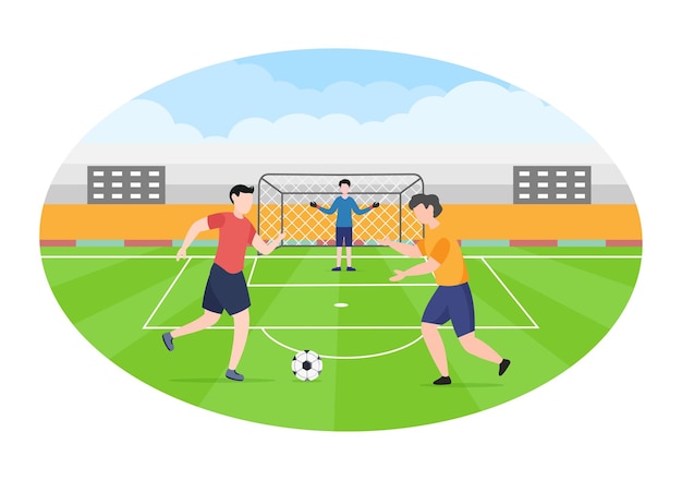 Vector playing football with boys play soccer wear sports uniform various movements such as kicking, holding, defending, parrying and attacking in field. vector illustration