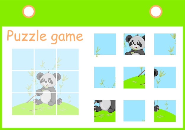 Playing puzzle with a picture with panda in a cartoon style.