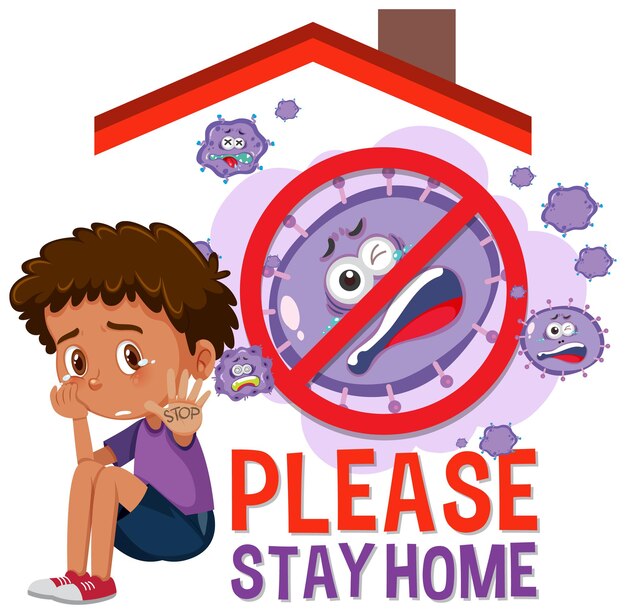 Please Stay Home banner with children and no virus sign