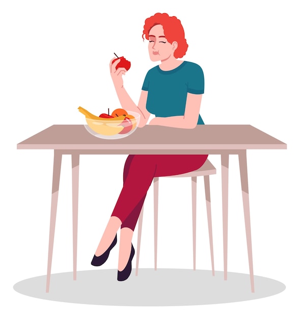 Pleased lady eating fresh fruits semi flat RGB color vector illustration. Sitting figure. Foodie lifestyle. Healthy appetite. Person eating out alone isolated cartoon character on white background