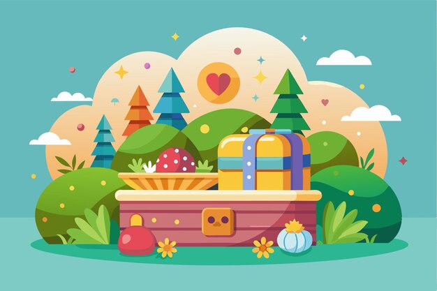 Vector a pleasing display of gifts and nature elements in a colorful setting that evokes joy and creativity pleasant surprise customizable semi flat illustration