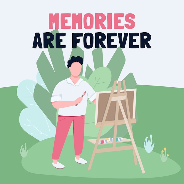 Plein air painting social media post mockup. Memories are forever phrase. Web banner design template. Creative hobby booster, content layout with inscription.  