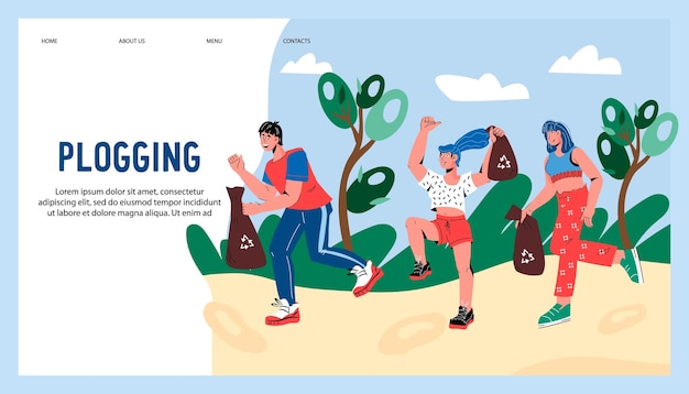 Plogging environmental volunteering event website banner vector