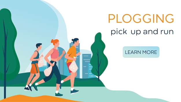 Plogging. People pick up trah during a jog. Woman and man collect garbage while running. Eco friendly and healthy life.   , web banner or landing page idea