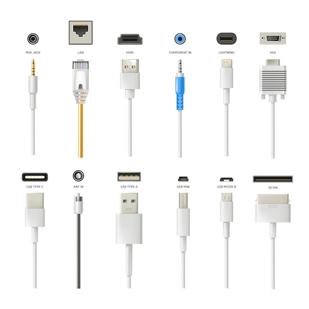 Plugs and wires isolated icons connectors modern technologies