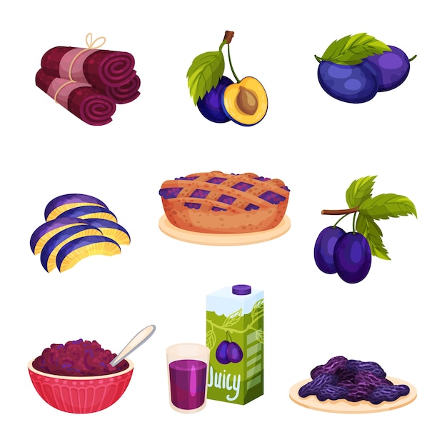 Vector plum foodstuff with sweet pie and fruit candy vector set