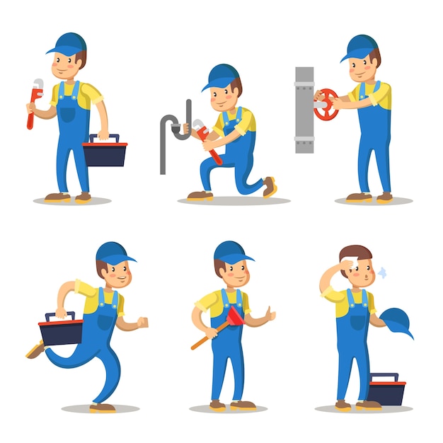 Vector plumber cartoon character set. repairman with wrench. 