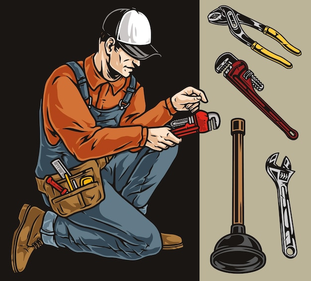 Vector plumber and hand tools colorful elements