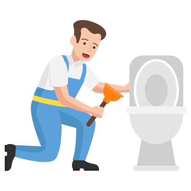 Plumber Holding a Plunger Concept,  worker repairs toilet tank or Commode, Sanitary technician