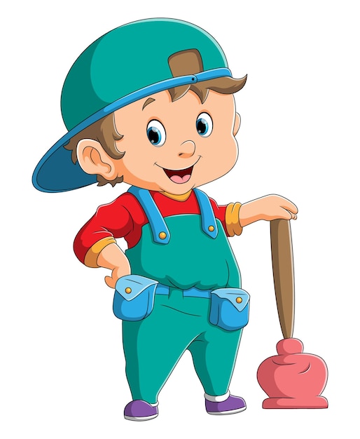 The plumber is standing beside the toilet pump of illustration