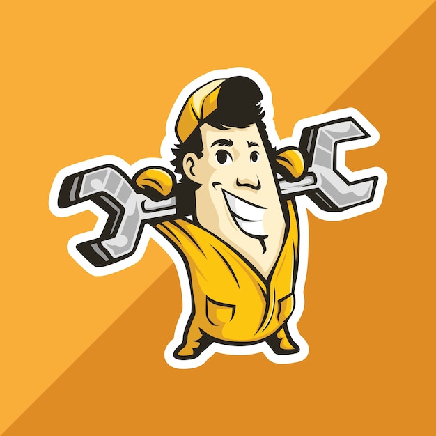 Plumber mechanic man carries a spanner on his hand. Mascot for logo