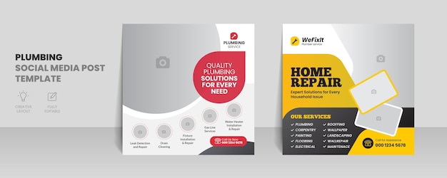 Plumber social media post template with home repair plumbing service web banner design layout