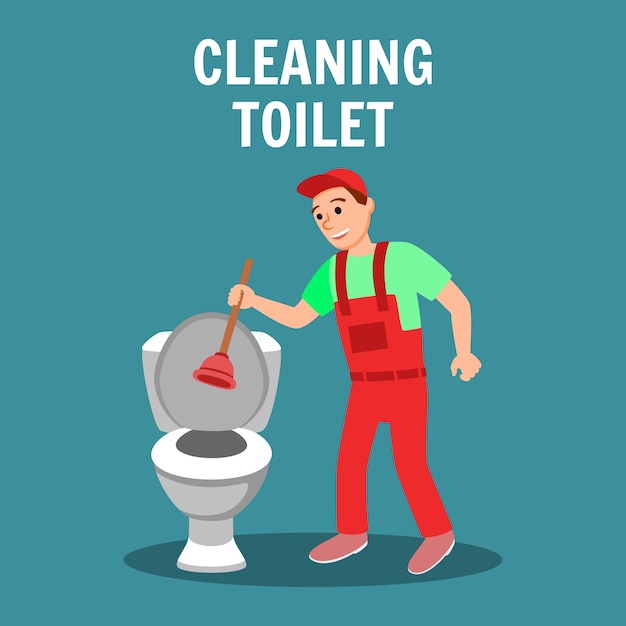 Plumber with Plunger in Hand near Toilet Bowl