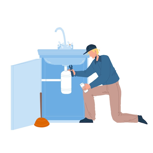 Vector plumber in working overall fixing sink vector. plumber man fix kitchen or bathroom pipe leak with spanner. character repairman removing blockage, plumbing repair service flat cartoon illustration