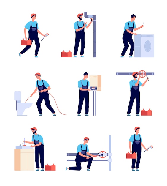 Vector plumbers. fixing plumbing, house heating equipment repair and pipes. water service installing and supply. isolated handymans  set. repair service plumbing, handyman fix illustration