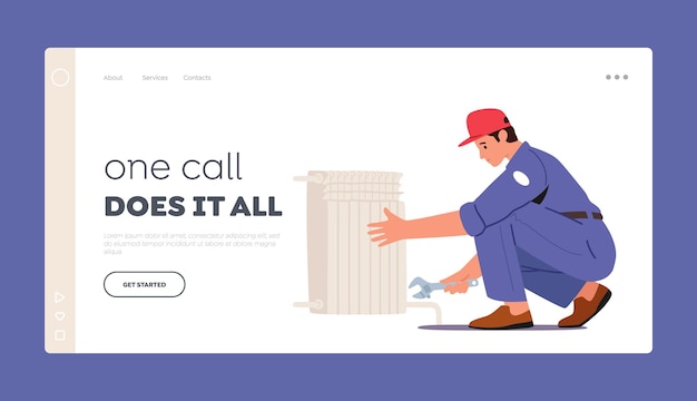 Plumbers Service Landing Page Template. . Worker Character with Spanner Tools Repairing Heating Pipes, Installing House Pipeline Tubes. Water Heating, Pipe Plumbing Fixing. Cartoon Vector Illustration