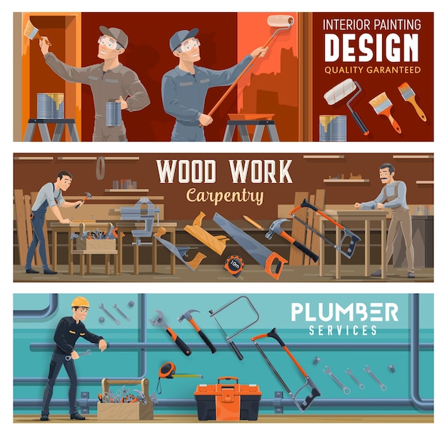 Vector plumbing carpentry and painting worker banners