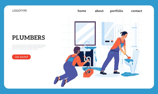 Vector plumbing maintenance landing page website interface for plumbing service plumbers fixing leaks and sewer blockage or repair sanitary engineering vector web ui mockup with buttons