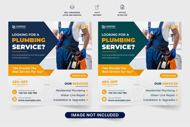 Vector plumbing service commercial poster design with creative shapes professional handyman hiring template vector with yellow and dark colors home maintenance and plumbing business promotion web banner