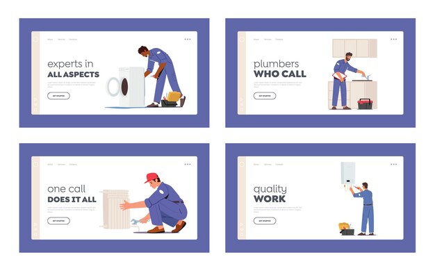 Vector plumbing service landing page template set