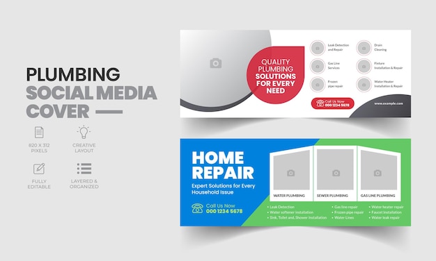 Plumbing service social media cover template with handyman home repair web banner design