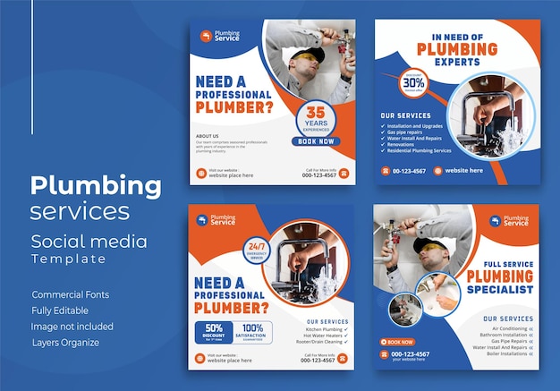 Vector plumbing service social media post template web banner template