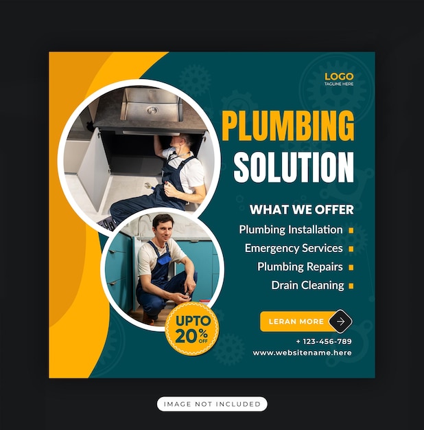 Vector plumbing service template square flyer social media post or instagram banner template