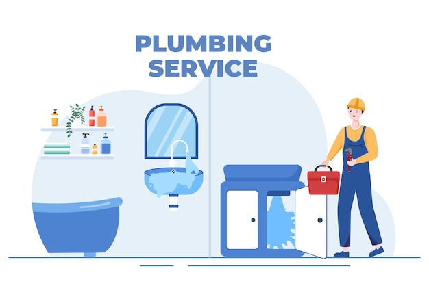 Plumbing Service with Plumber Workers Repair, Maintenance Fix Home and Cleaning Bathroom Equipment in Flat Background Illustration