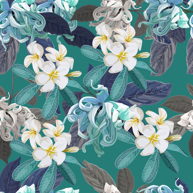 Plumeria and Cananga flower seamless pattern on purple 