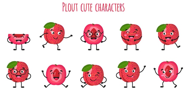 Pluot fruit cute funny cheerful characters with different poses and emotions