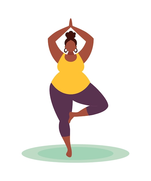 Plus Size Black Woman Practicing Yoga The Tree Asana Body Positivity Flat Vector Illustration