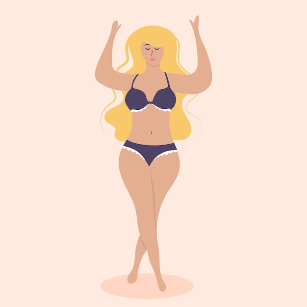 Plus size blond woman in swimsuit with arms up Body positive accepting and loving full figure