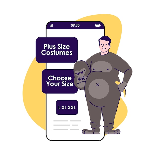 Plus size costumes smartphone app screen. Monkey suit. Party clothing for rent. Mobile phone displays, cartoon characters design mockup. Online store application telephone interface