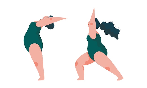 Vector plus size darkhaired woman in bodysuit doing yoga standing in asana vector set