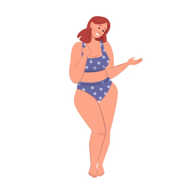 Plus size woman in bikini body positive lady in blue dotted swimsuit isolated flat cartoon