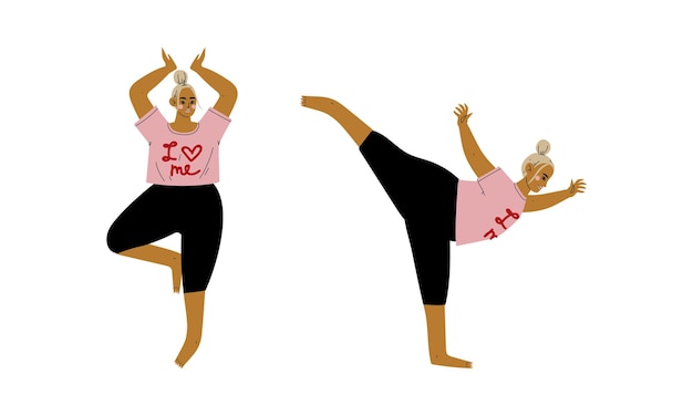 Vector plus size woman in pink sweatshirt doing yoga standing in asana vector set