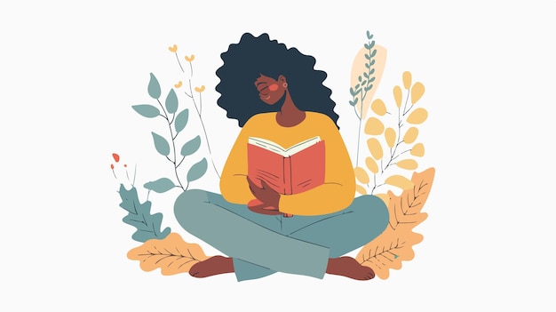 Plus Size Woman Sitting with Book in Hands Flat Vector Illustration