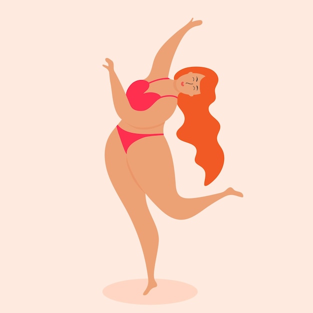 Plus size woman in swimsuit dancing Body positive acceptance fitness sport concept